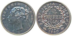 Victoria Queen, Silver Proof Restrike ¼ Rupee, 1840, Continuous Legend, Bombay Mint, Engli