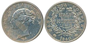 Victoria Queen, Silver Proof Restrike ½ Rupee, 1840, Continuous Legend, Calcutta Mint, Eng