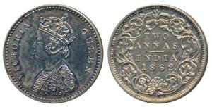 Victoria Queen, Silver Proof Restrike 2 Annas, 1862, Calcutta Mint, Obverse A, Reverse as 