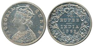 Victoria Queen, Silver Proof Restrike ¼ Rupee, 1862, Calcutta Mint, Mule, Obverse as (Pr 3