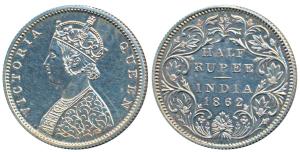 Victoria Queen, Silver Proof Restrike ½ Rupee, 1862, Bombay Mint, B1 / II, round pearls in
