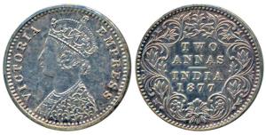 Victoria Empress, Silver Proof Restrike 2 Annas, 1877, Bombay Mint, B / I, No mint mark, (