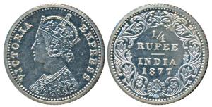Victoria Empress, Silver Proof Restrike ¼ Rupee, 1877, Calcutta Mint, C / II, C incuse, (P
