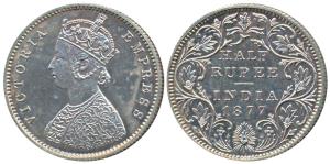 Victoria Empress, Silver Proof Restrike ½ Rupee, 1877, Bombay Mint, A / II, No mint mark, 