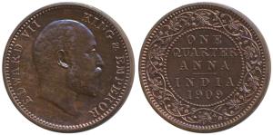 Edward VII, Bronze Proof Restrike ¼ Anna, 1909, Calcutta Mint, (SW 7.179). Proof Restrike,