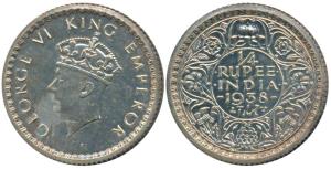 George VI, Silver Proof Restrike ¼ Rupee, 1938, Calcutta Mint, 1st Head, this date is reco