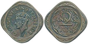 George VI, Cupro-Nickel Proof Restrike 2 Annas, 1946, Bombay Mint, (SW 9.137). Within HM M