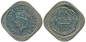 George VI, Cupro-Nickel Proof Restrike 2 Annas, 1947, Calcutta Mint, (SW 9.14). Within HM 