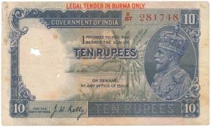 Burma, George V, Rupees 10, issued in 1937, signed J. W. Kelly, LEGAL TENDER IN BURMA ONLY