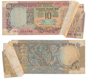 Rupees 10, Error, signed R. N. Malhotra, paper folded while printing hence mis printed (J&