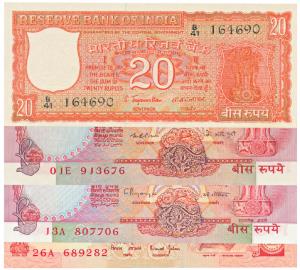 Rupees 20 complete set of 33 notes, with different dates and signatures of all varieties (