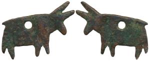 Copper (c 500 BC), in the shape of a cow with central hole, 1.18g, use of a cow in the for