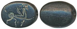 An oval Seal used as a bead, made from a soft stone, 4.04g, a carved mythical animal with 
