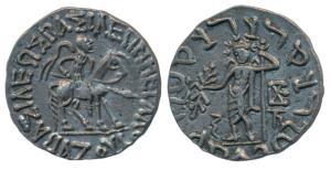Indo-Scythians, Azes I (BC 57-35), Silver Tetradrachm, 9.85g, king mounted on a horse to r