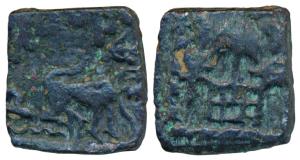 Tribal kingdoms of Punjab-Haryana region, Paurava Tribe, Copper Gana, 3.13g, obv. lion sea
