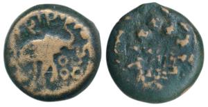 Satavahanas, Siri Satakarni, Bronze Unit, 13.85g, elephant walking to right with upraised 