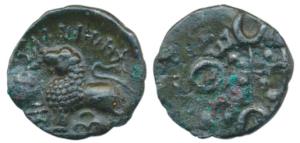 Satavahanas, Siri Satakarni, Junnar Area, Potin Unit, 3.22g, lion standing left with Brahm