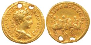 Caracalla(198-217 AD), Gold Aureus, 7.15g, Rome Mint, Struck in AD 202, obv. laureate bust