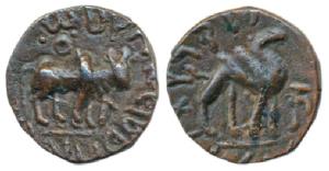 Kushanas, Kujula Kadphises, Copper Drachma, 4.20g, bull walking to right on obv., two hump