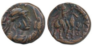 Kushanas, Soter Megas a.k.a. Vima Taktu, Copper Drachm, 8.30g, obv. bust of the Kushan rul
