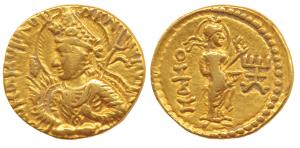 Kushanas, Huvishka, Gold Dinar, Mint II (B), obv. nimbate and helmeted bust of the king em