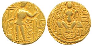 Guptas, Samudragupta (c. 335-380 AD), Gold Dinar, 7.5g, Sceptre type, obv. king nimbate st