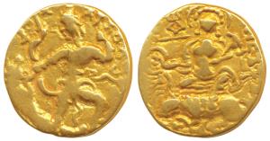 Chandragupta II, Gold Dinar, 7.67g, Lion-Slayer Lion-Trampler type, obv. king wearing a co