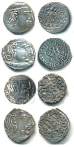 Guptas, Silver Drachma (4), bust of king facing right on obv., stylized garuda with legend