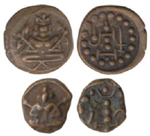 Kongu Cheras, Copper Kasu (2), obv. sword, dagger and symbol with pellets; the second, hal