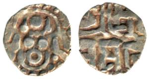 Kalachuris of Tripuri, Gangeya Deva, Base Gold Masha, 1g, obv. seated goddess Lakshmi, rev