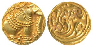 Western Gangas, Gold Gajapati Pagoda, 3.94g, obv. caparisoned elephant to right chewing su