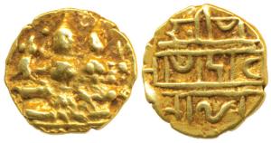 Vijayanagar Empire, Devaraya I, Gold ½ Pagoda, 1.68g, Shiva-Parvati seated on obv., Devnag