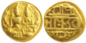 Vijayanagar Empire, Devaraya I, Gold Pagoda, 3.40g, Shiva-Parvati seated, with Shiva holdi