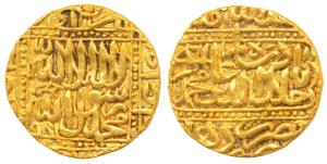 Akbar, Gold Mohur, 10.93g, Hazrat Delhi Mint, Kalima on obv., AH 981, clear mint name at b