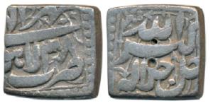 Akbar, Silver Square Rupee, 11.15g, Lahore Mint, Ilahi Type, Month Mihr, Year 38 (KM 88.3)