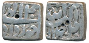 Akbar, Silver Square Rupee, 11g, Mintless, Ilahi type, Month Khurdad, RY 40 (KM 90.1). Ver