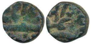 Akbar, Copper ¼ Dam, 5.03 g, Burhanpur Mint, Ilahi type with mint name at bottom on rev. V