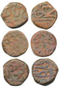 Akbar, Copper ½ Dam (3), Hazrat Delhi Mint, mint name at top with i of li as a dividing li
