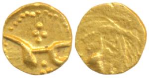Aurangzeb, Gold Fanam, 0.19g, the word ’Falam’ in place of mint name, struck somewhere in 
