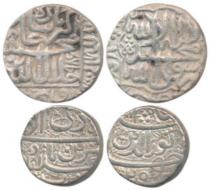 Silver Rupee (2), Akbar, Agra Mint, AH 986; Jahangir, Ahmedabad Mint, Muzaiyan Couplet, AH