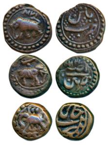 Tipu Sultan (AH 1197-1227, 1787-1799 AD), Copper ¼ Paisa (3), Khaliqabad and Patan (2) Min