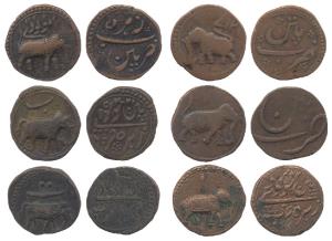 Tipu Sultan, Copper Paisa (6), Patan Mint, all different years and varieties. Fine+ to Ver
