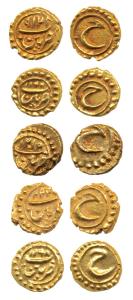 Tipu Sultan, Gold Fanam (5), Patan Mint, ME 1197, 1198, 1215, 1219 and 1222 (KM 128.1). Ex