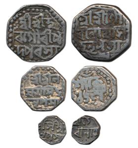 Gaurinatha Simha, Silver ½, ¼ and 1/16 Rupee, 5.3g, 2.78g and 0.70g, the first and the thi