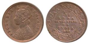 Krishnaji Rao (1860-1899 AD), Copper 1/12 Anna, with the name and portrait of Victoria, 18