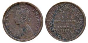 Krishnaji Rao, Copper 1/12 Anna, with the name and portrait of Victoria, 1888 (Prid 1023).