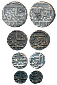 Jayaji Rao Sindia (AH 1259-1304, 1843-1886 AD), set of 4, Silver Rupee, ½, ¼ and 1/8, Lash