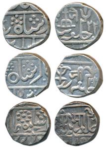 Silver Rupee (3), Lashkar Mint, three different rulers - Jankoji Rao, Jayaji Rao and Madho