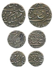 Mir Mehbub Ali Khan, Silver ½, ¼ and 1/8 Rupee, Farkhanda Bunyad Hyderabad Mint, AH 1307, 