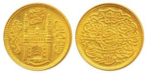 Mir Usman Ali Khan, Gold Ashrafi, 11.18g, Farkhanda Bunyad Hyderabad Mint, half ‘Ain’ in d